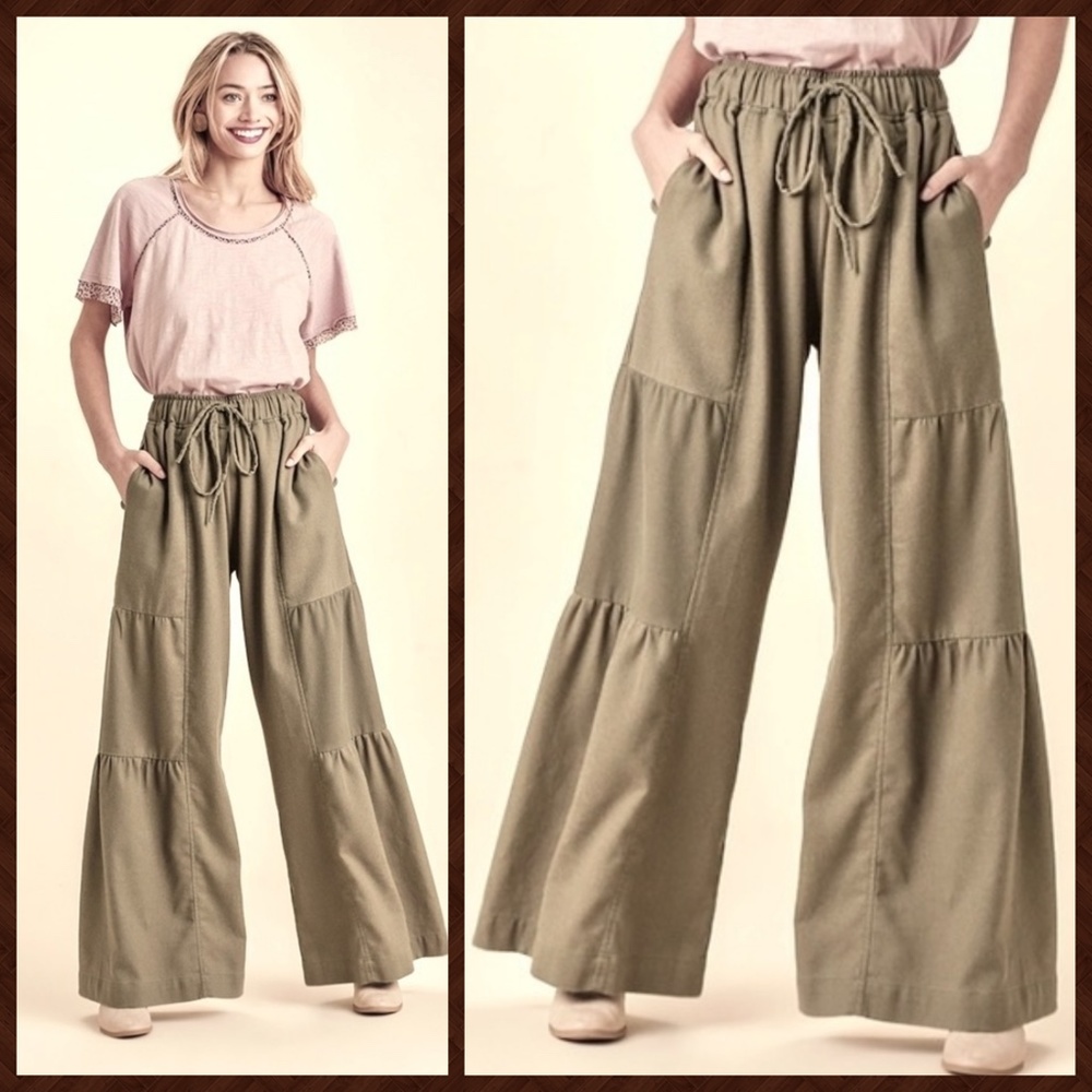 UMGEE Side Tiered Wide Flared Leg Pants Elasticized Waist, Drawstring & Pockets - Picture 11 of 16